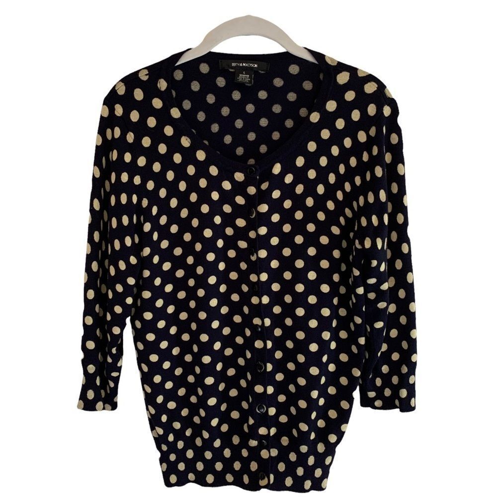 89th‎ & Madison Cardigan Sweater Blue L Women Polka Dot Button Up 3/4 Sleeve